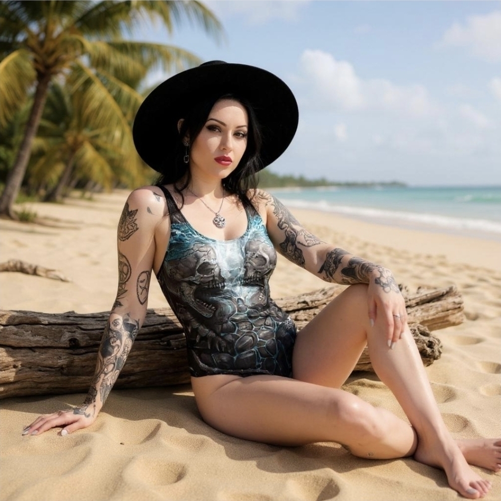 Spiral Direct ✦ Flaming Spine Swimsuit ✦ Scoop Back Padded Skull Lava Graphic S